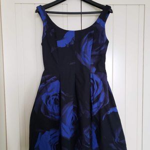 Sleeveless Flare Dress Black with Blue Flowers